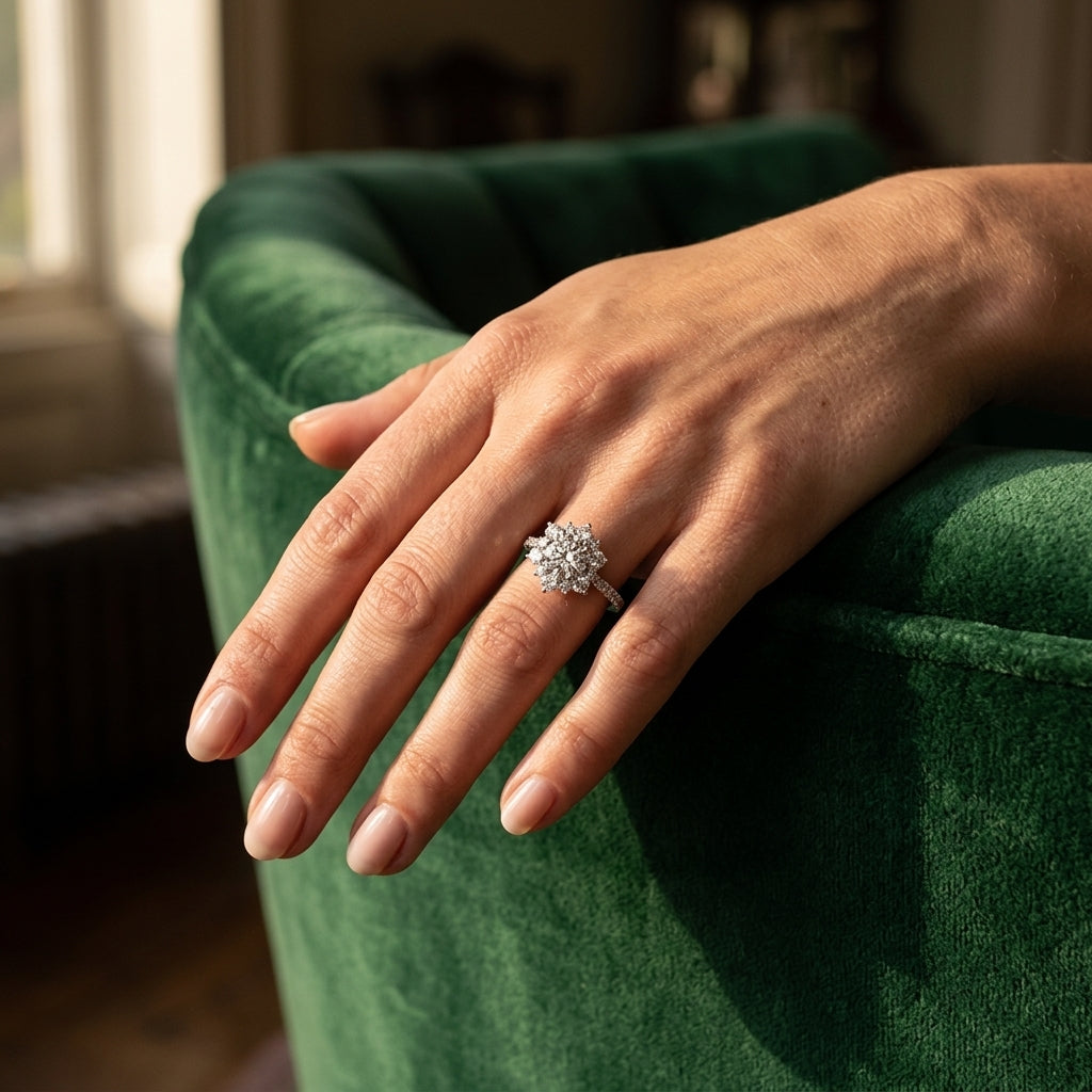 Floral Halo Engagement Ring - worn lifestyle photo