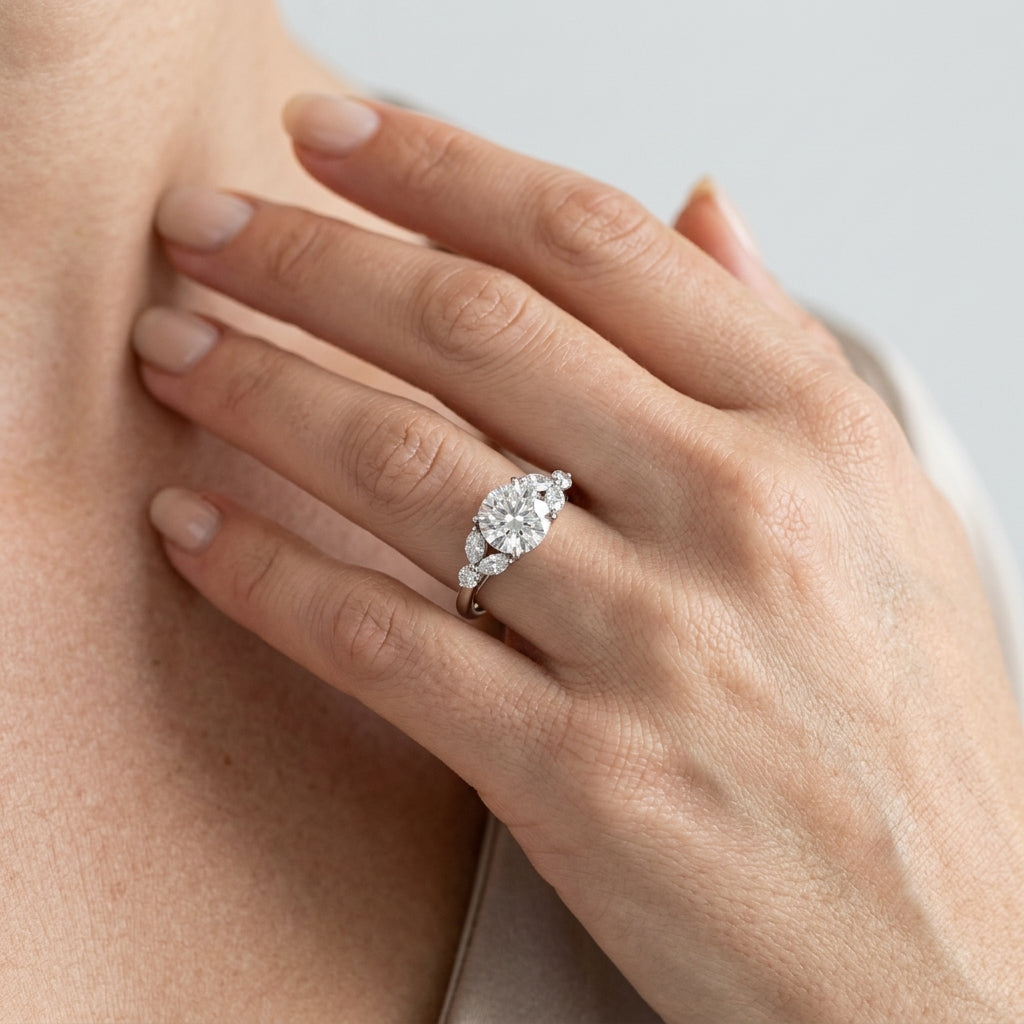 Fancy Side Cluster Round Engagement Ring - worn lifestyle photo
