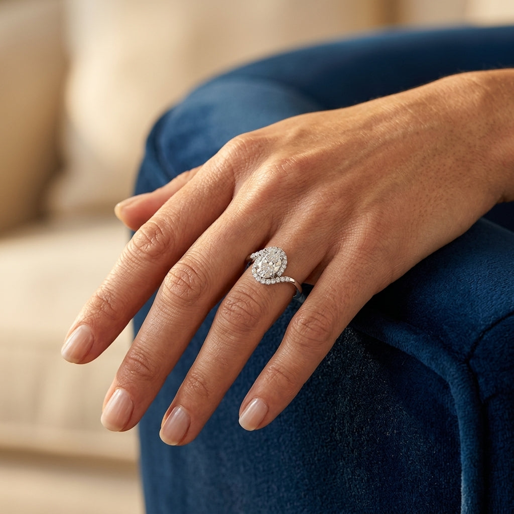 Bypass Oval Cut Halo Engagement Ring - worn lifestyle photo
