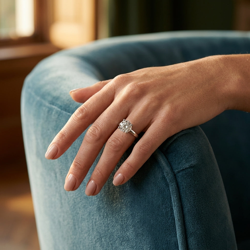 Round Solitaire Engagement Ring - worn lifestyle photo