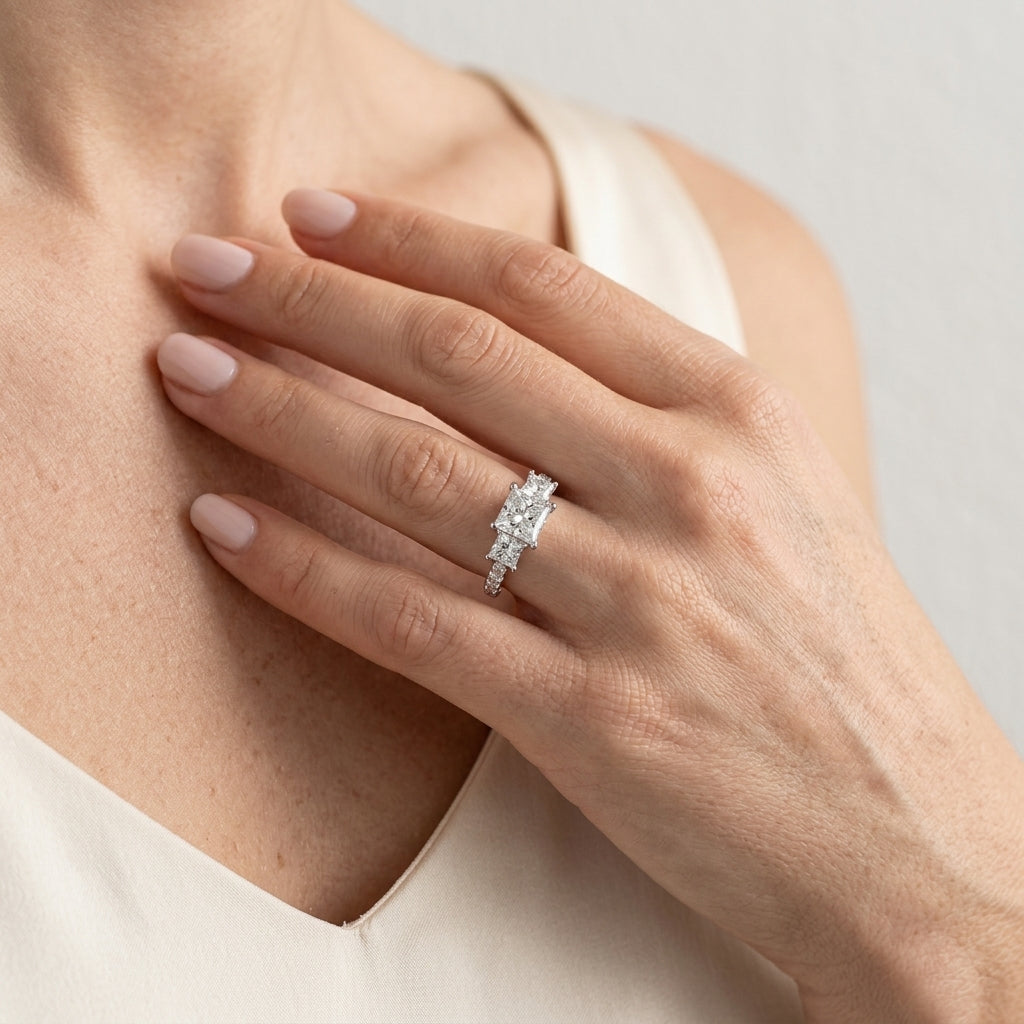 3-Stone Single Row Trellis Princess Engagement Ring - worn lifestyle photo