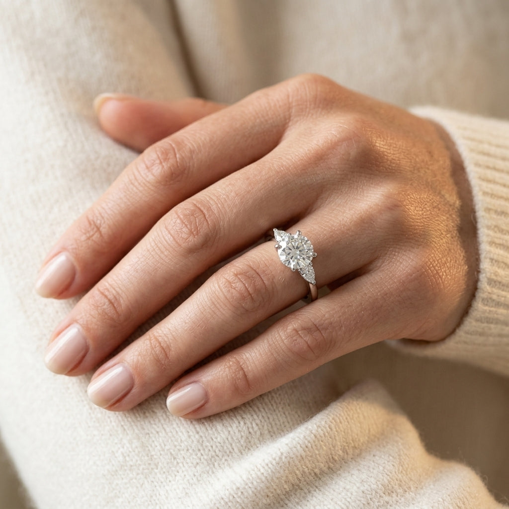 3-Stone Round & Pear Shape Engagement Ring - worn lifestyle photo