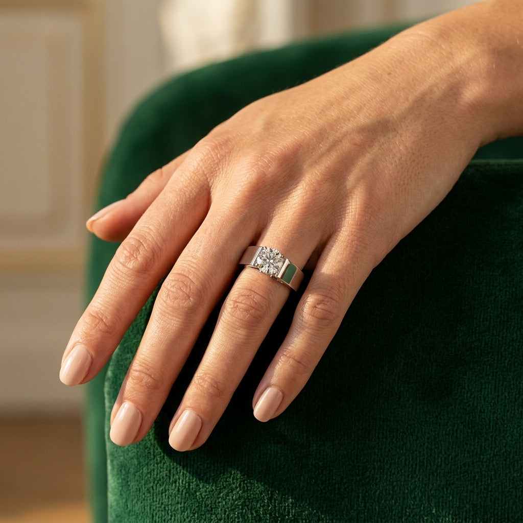 Wide Cathedral Solitaire Engagement Ring - worn lifestyle photo