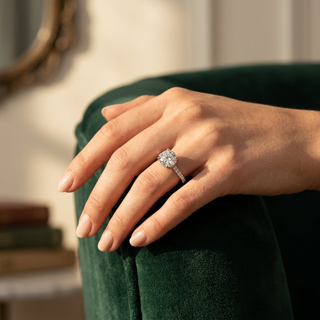 Single Row Hidden Halo Round Engagement Ring - worn lifestyle photo