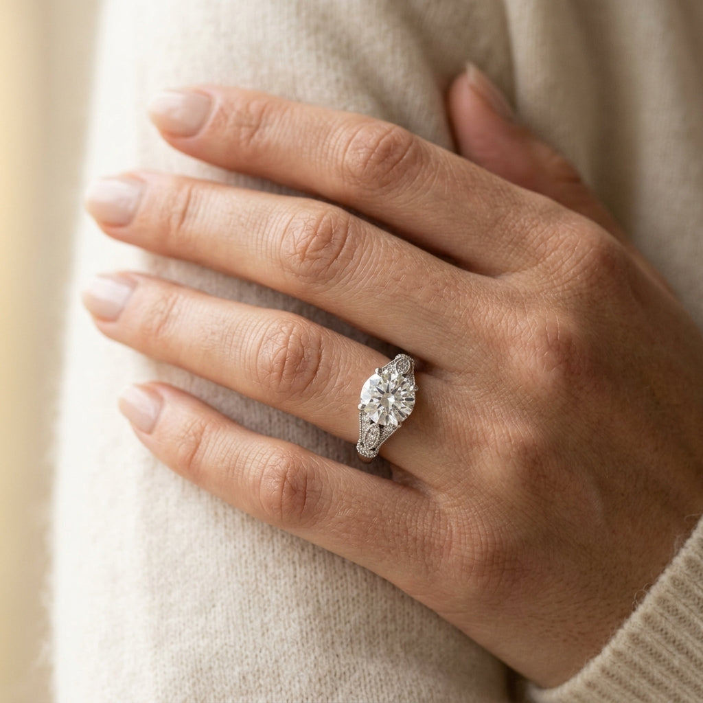 Vintage Marquise Shape Milgrain Engagement Rings - worn lifestyle photo