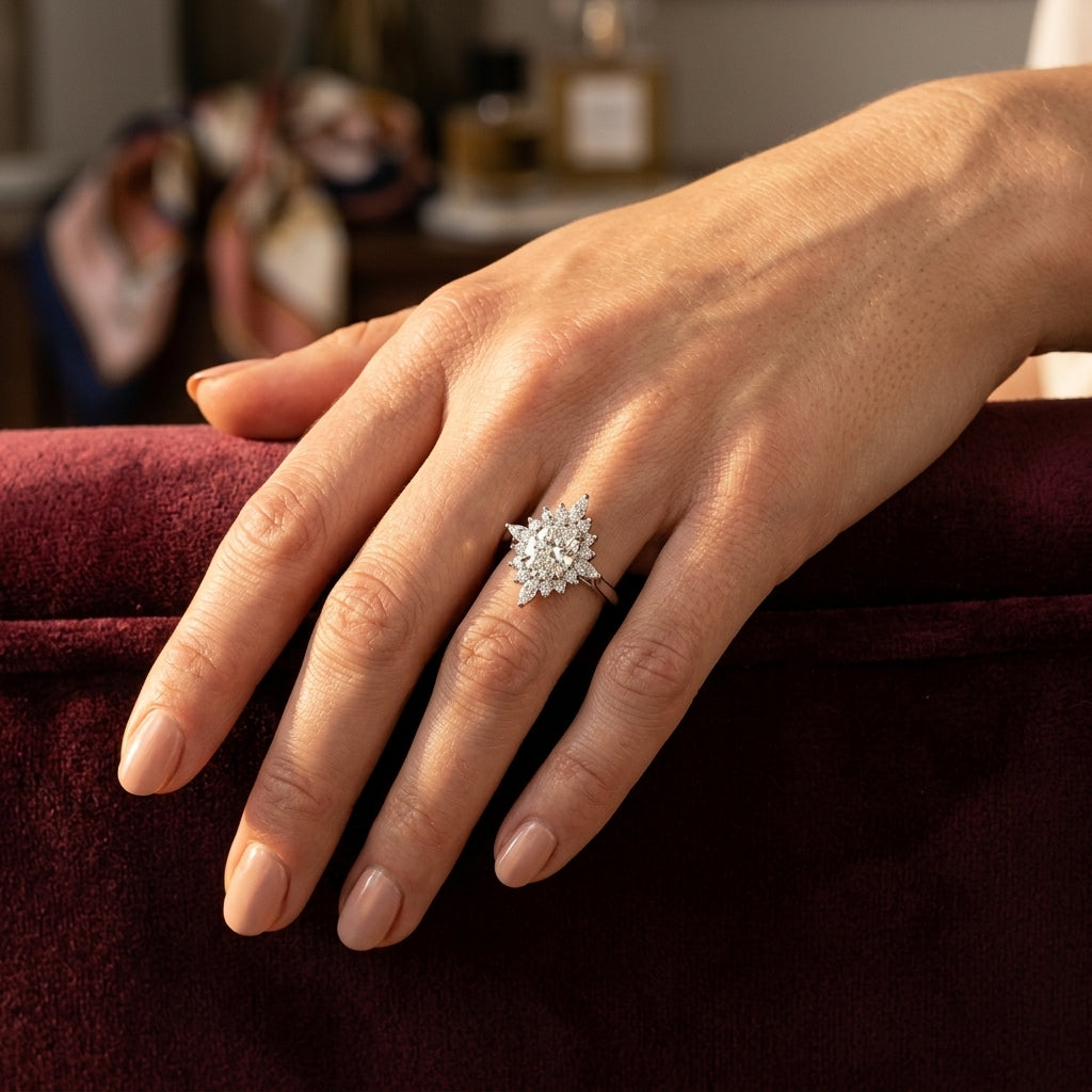 Oval-Cut Halo Engagement Ring - worn lifestyle photo