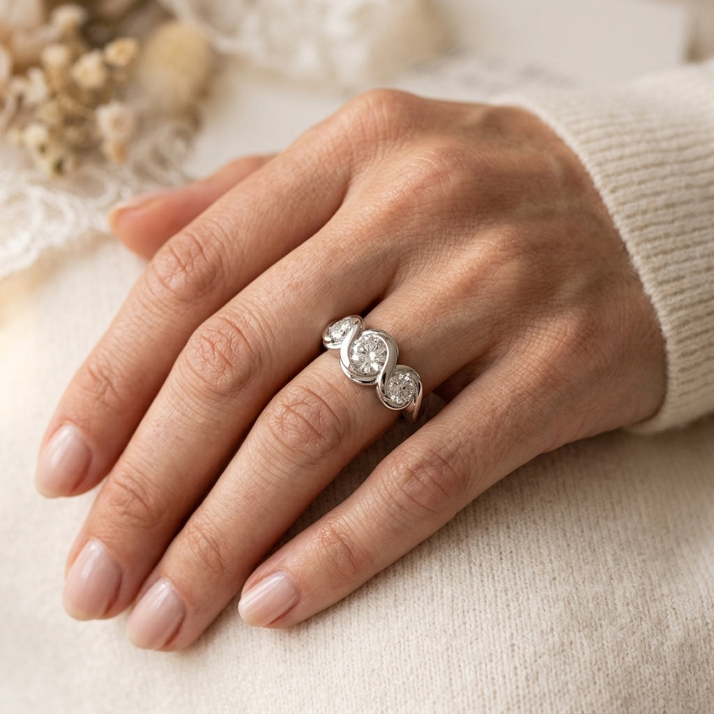 3-Stone Bypass Engagement Ring - worn lifestyle photo