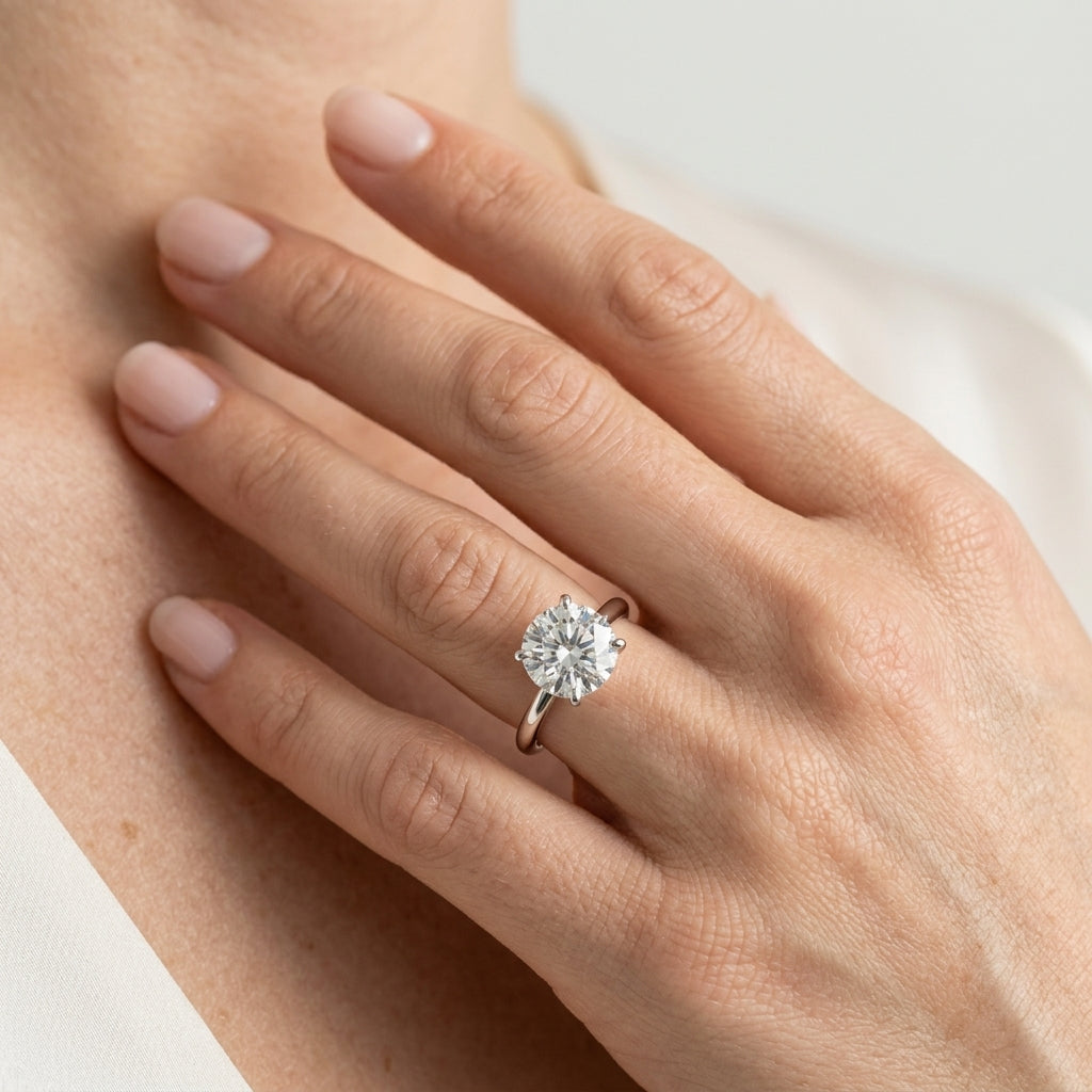 Round Tulip Hidden Halo Engagement Ring - worn lifestyle photo