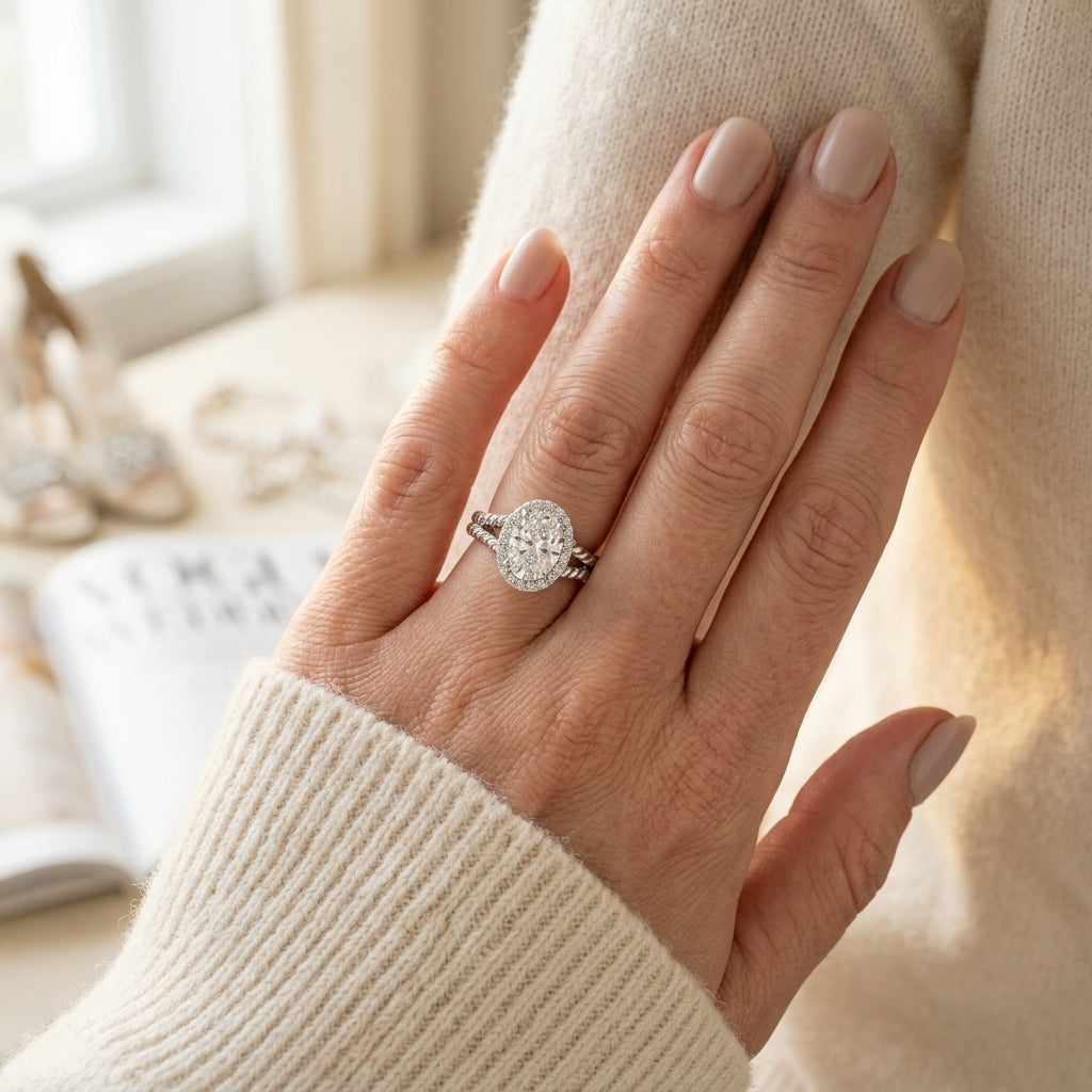 Oval Shape Halo Braided Shank Engagement Rings - worn lifestyle photo