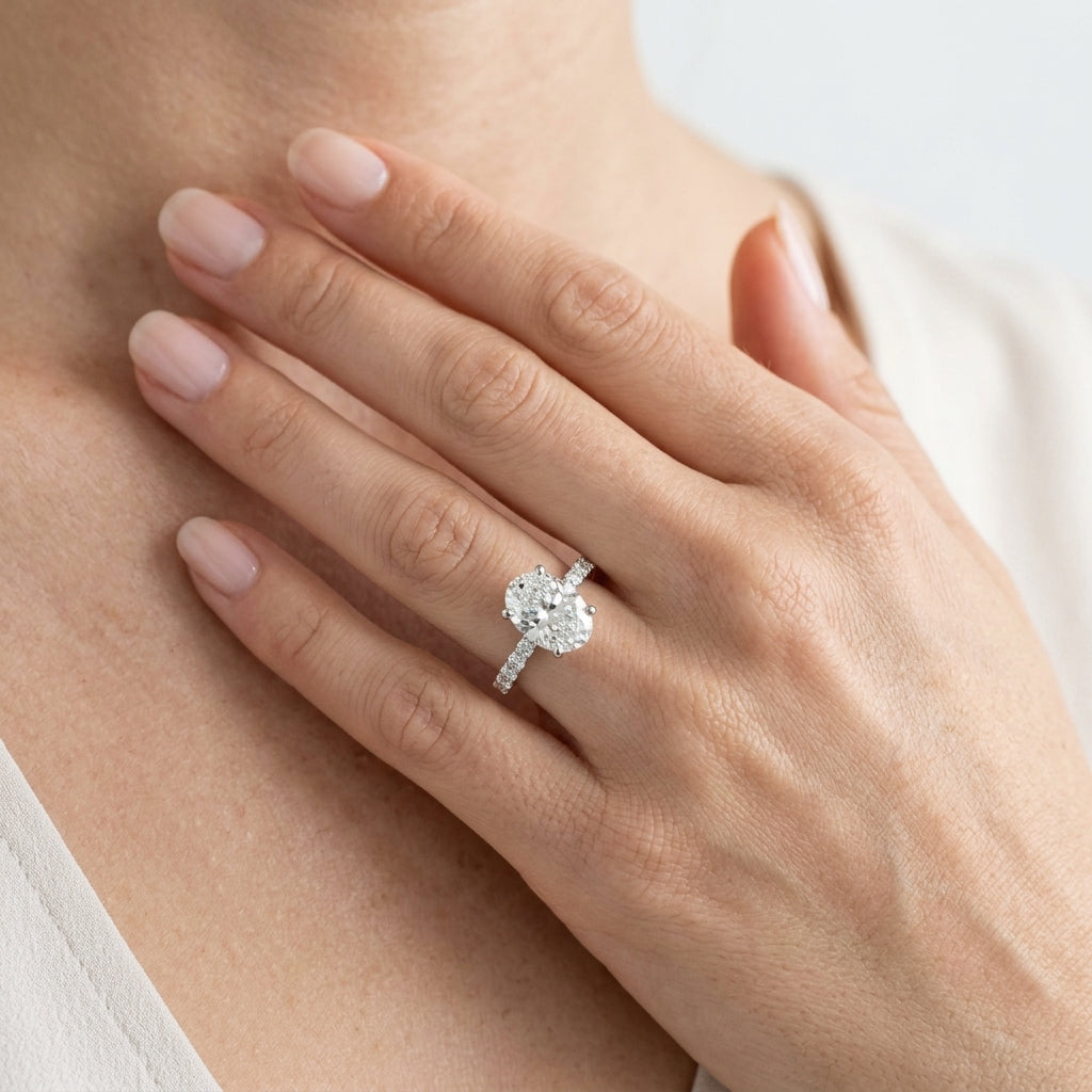 Floral Oval Engagement Ring - worn lifestyle photo