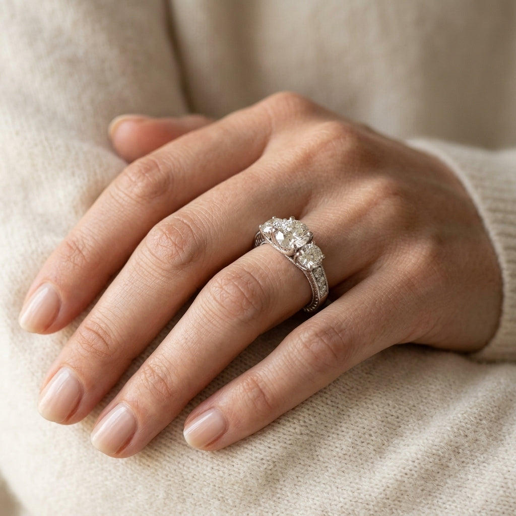 Vintage Style 3-Stone Filigree Engagement Ring - worn lifestyle photo