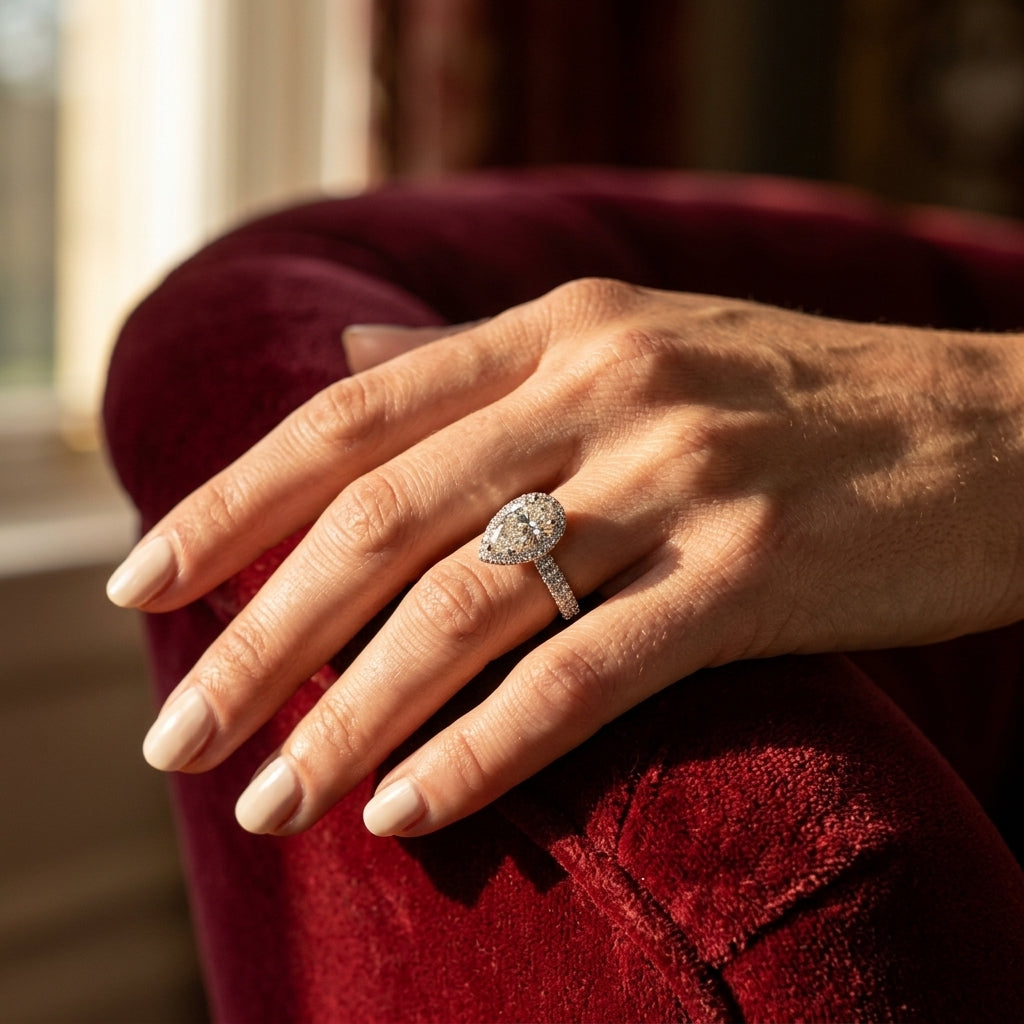 Multirow Pavé Halo Engagement Ring - worn lifestyle photo