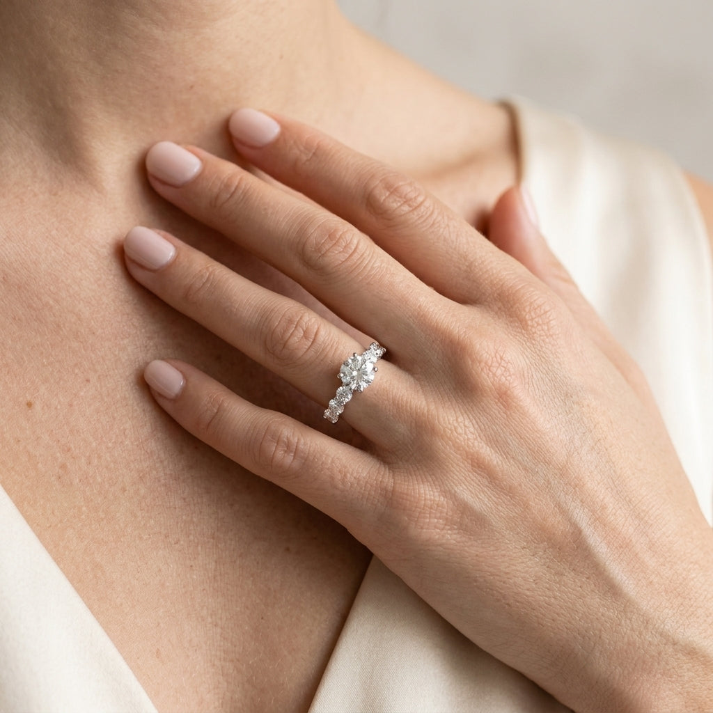 Single Row Prong Engagement Ring - worn lifestyle photo