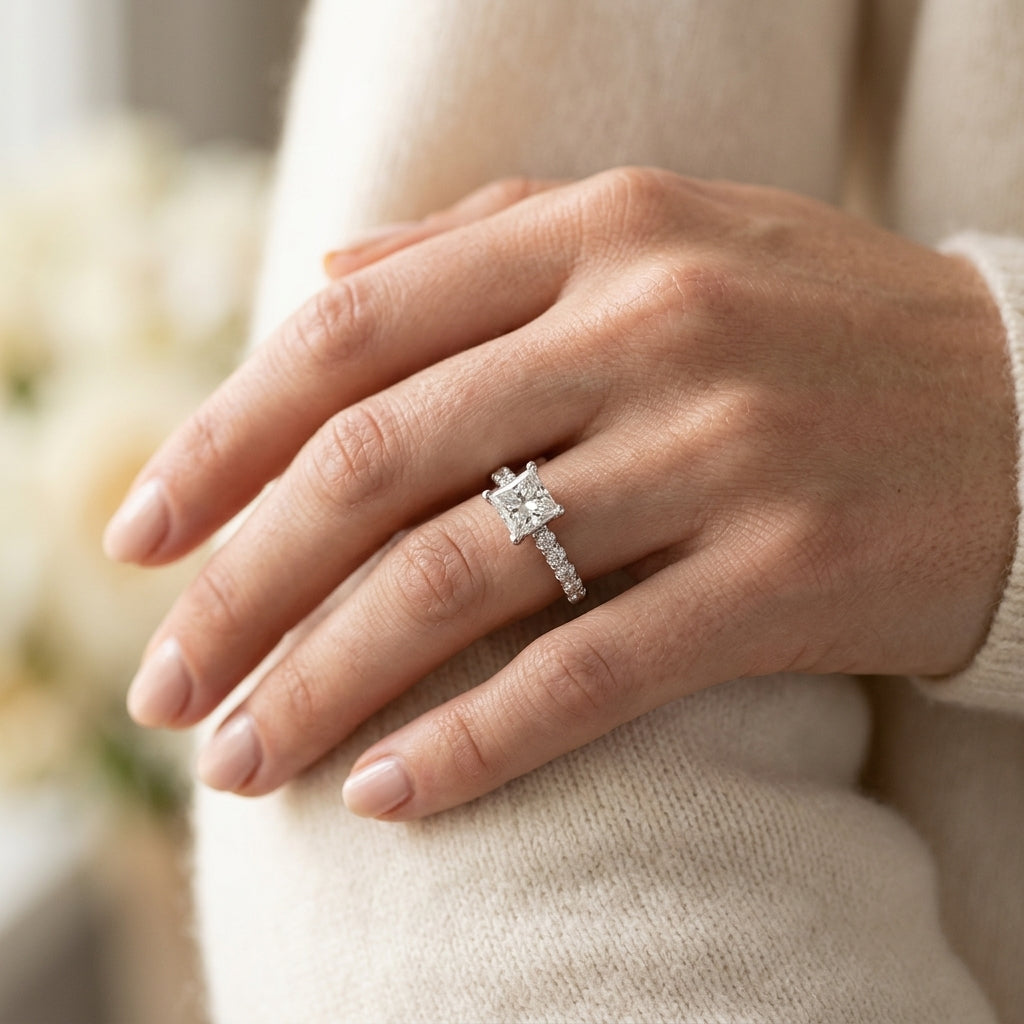 Square Trellis Lab Grown Diamond Engagement Ring - Style 82857 - worn lifestyle photo