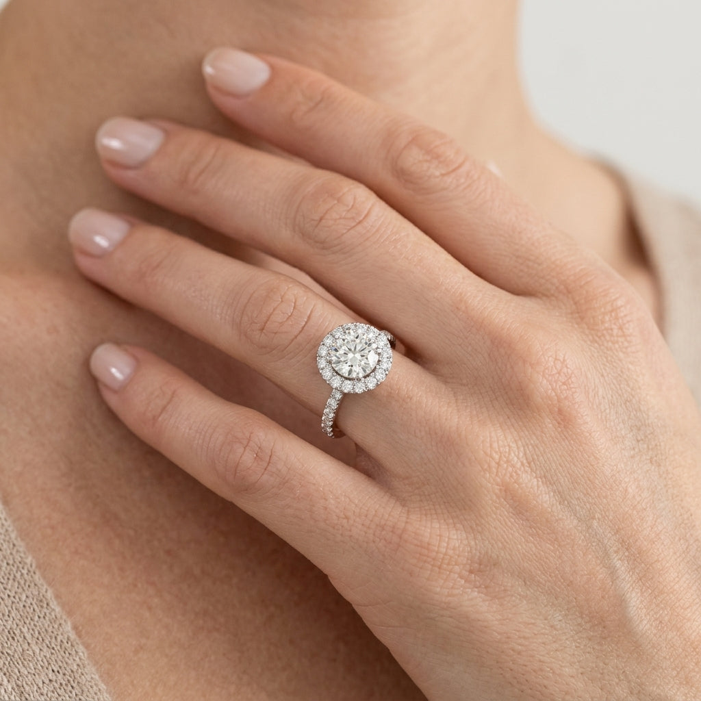 Halo Split Prong Round Engagement Ring - worn lifestyle photo