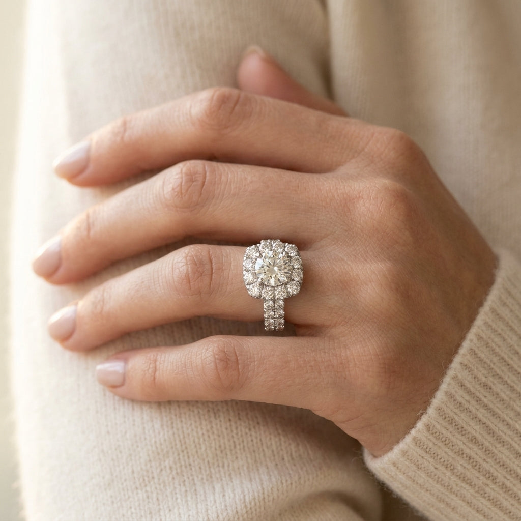 Halo 2-Row Engagement Ring - worn lifestyle photo