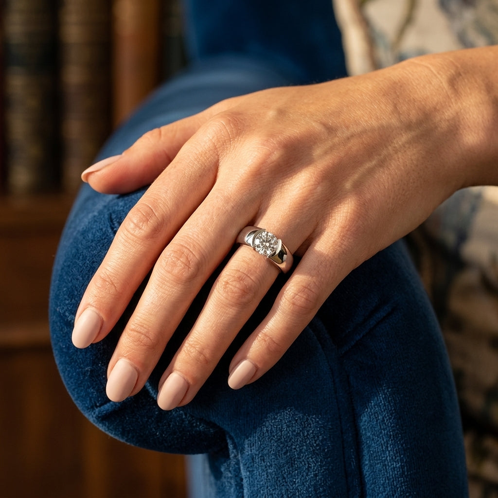 Half Bezel Solitaire Engagement Ring - worn lifestyle photo