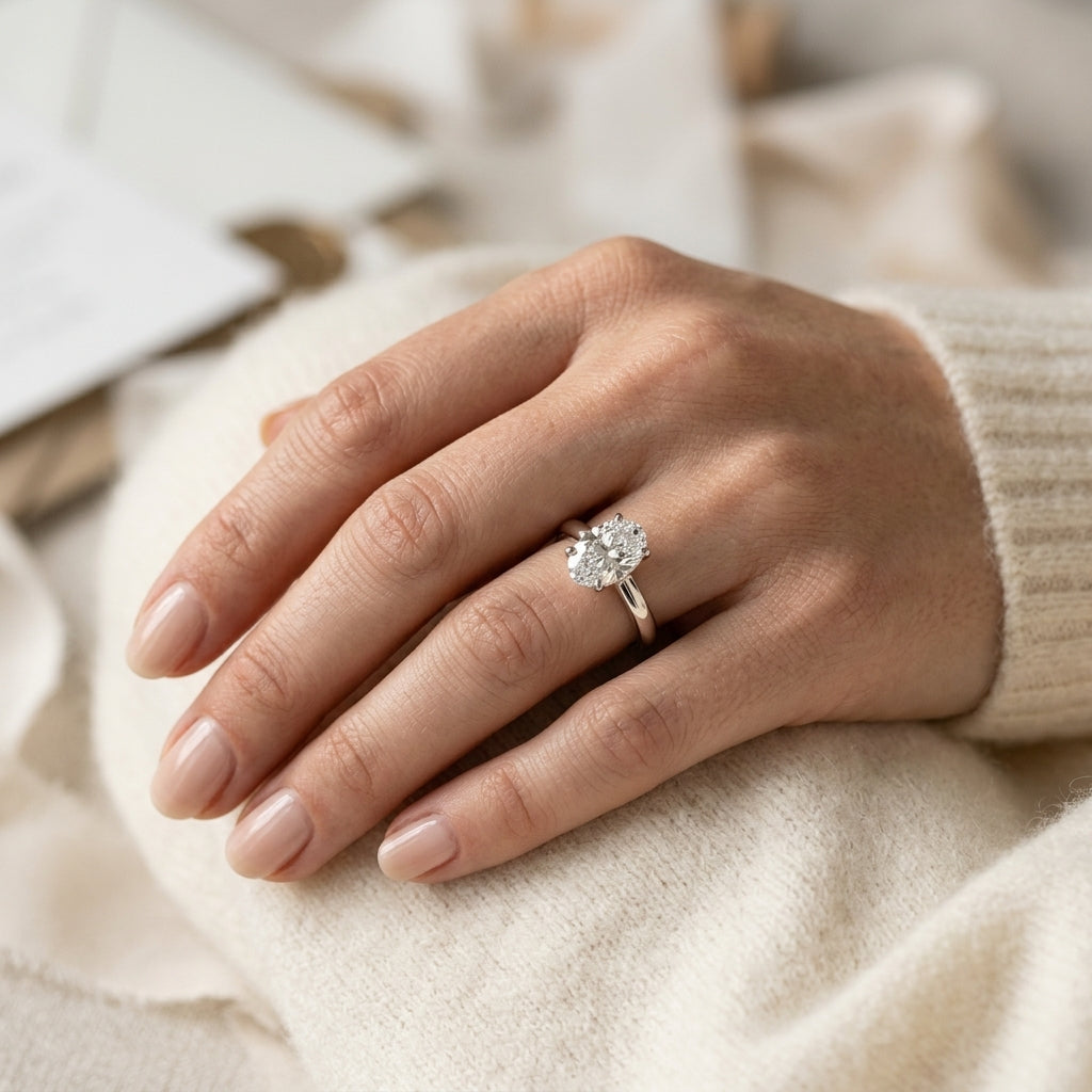 Solitaire Oval Engagement Ring - worn lifestyle photo