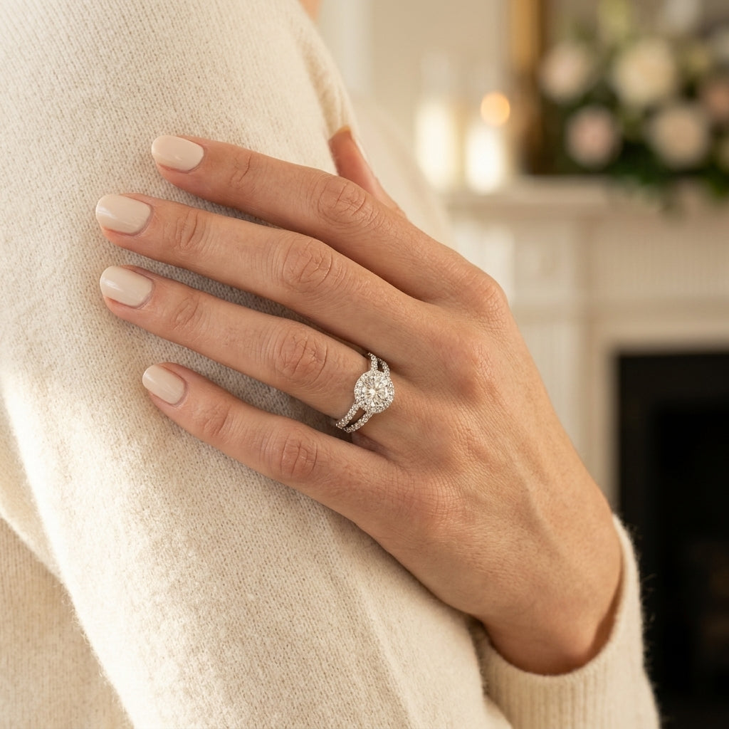Double Row Split Shank Halo Engagement Ring - worn lifestyle photo