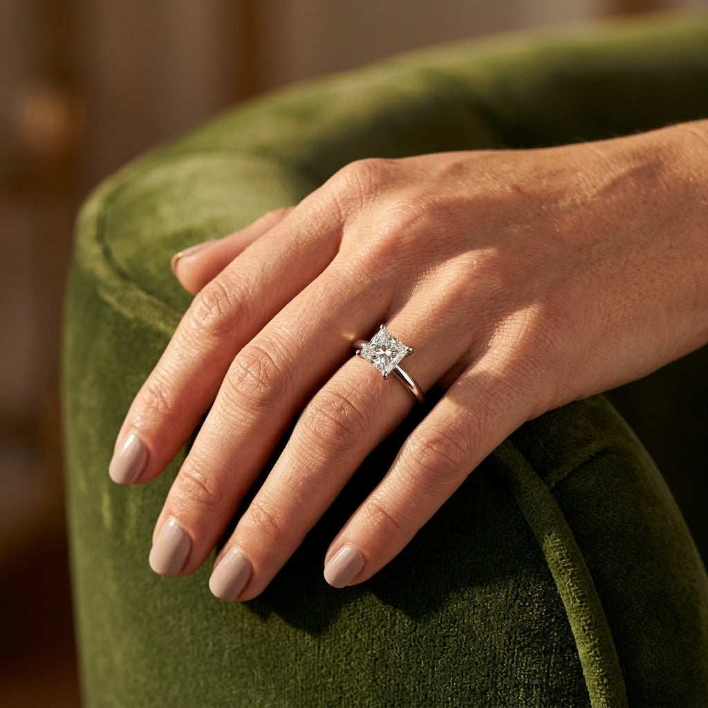 Solitaire Princess Cut Engagement Ring - worn lifestyle photo
