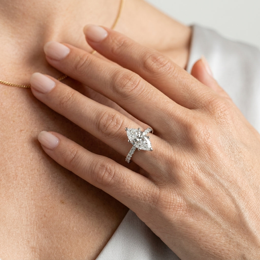 Hidden Halo Marquise Engagement Ring - worn lifestyle photo