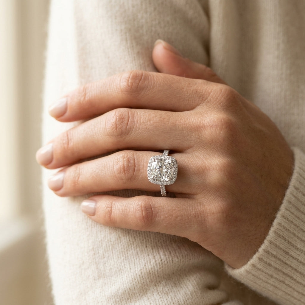 Single Row Halo Cushion Shape Engagement Rings - worn lifestyle photo