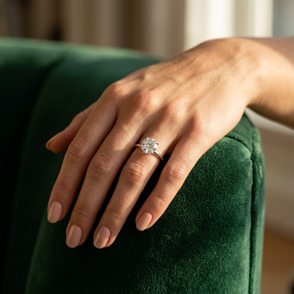 Solitaire Hidden Halo Engagement Ring - worn lifestyle photo