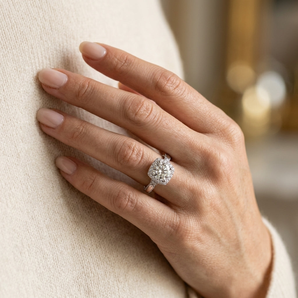 Solitaire Halo Engagement Rings - worn lifestyle photo