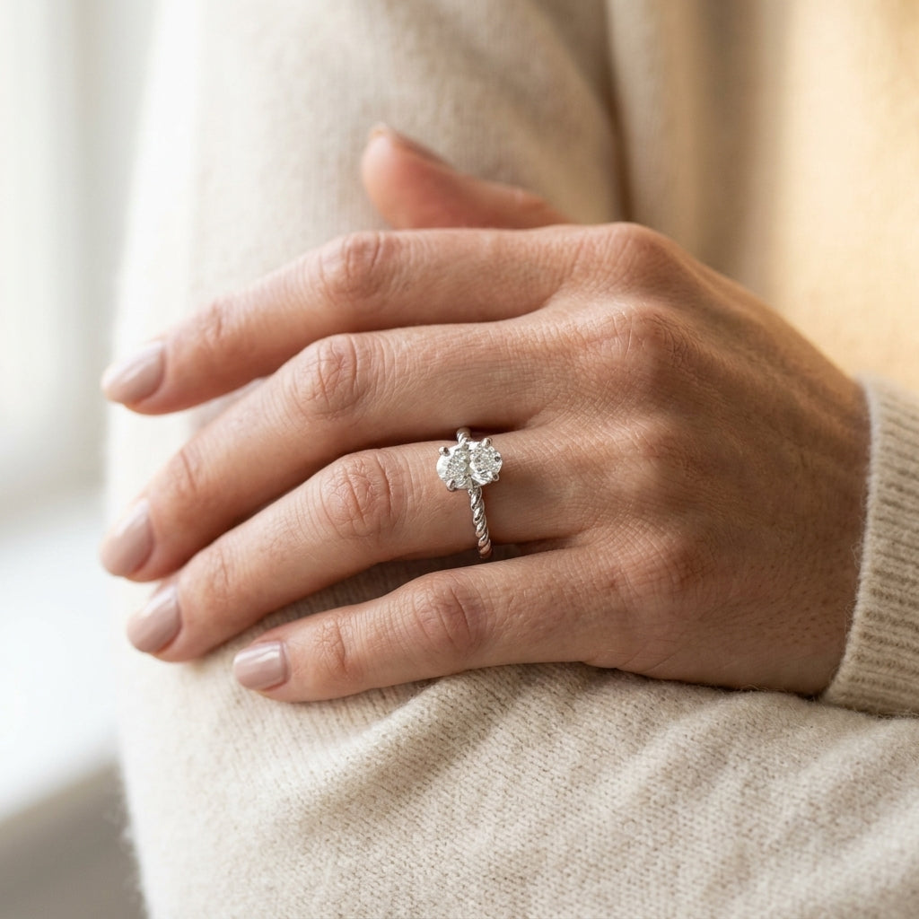 Braided Shank Oval Shape Engagement Ring - worn lifestyle photo