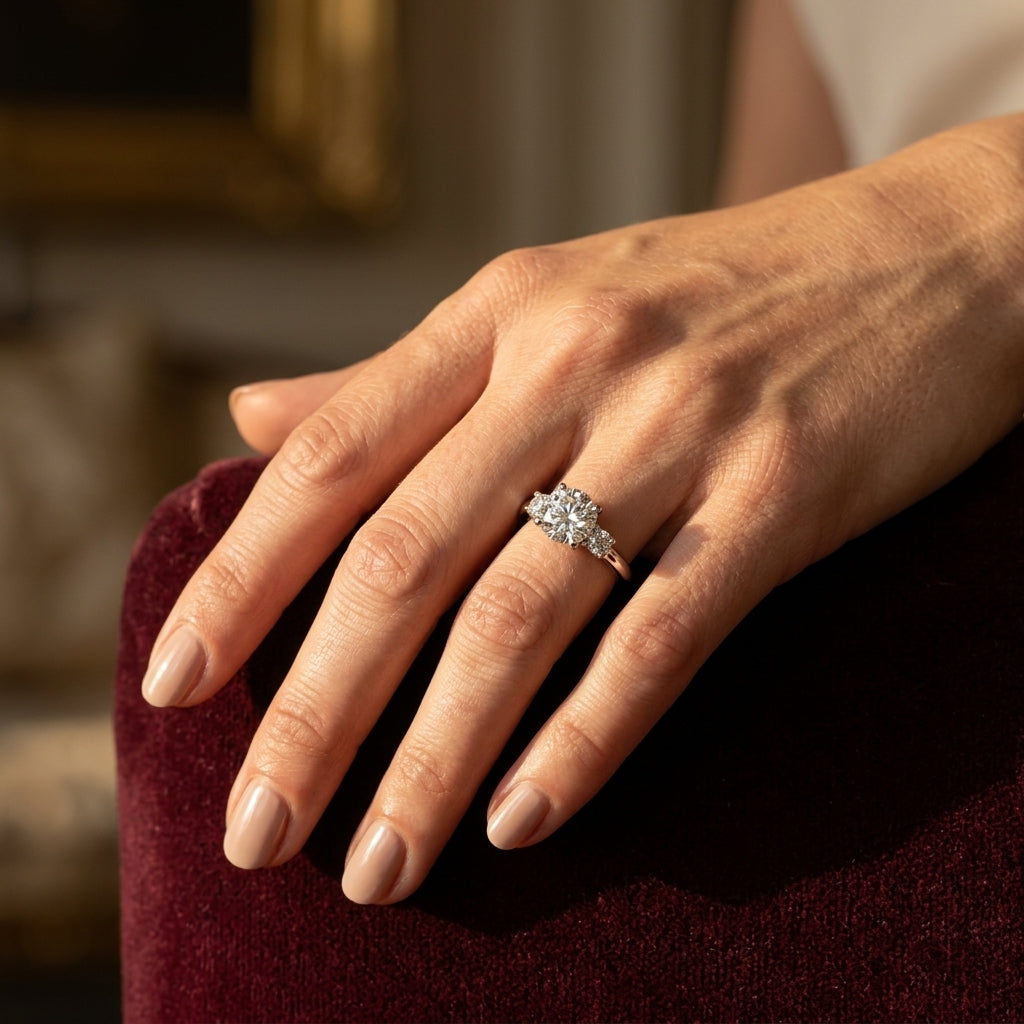 Single Row Shared Prong Engagement Rings - worn lifestyle photo