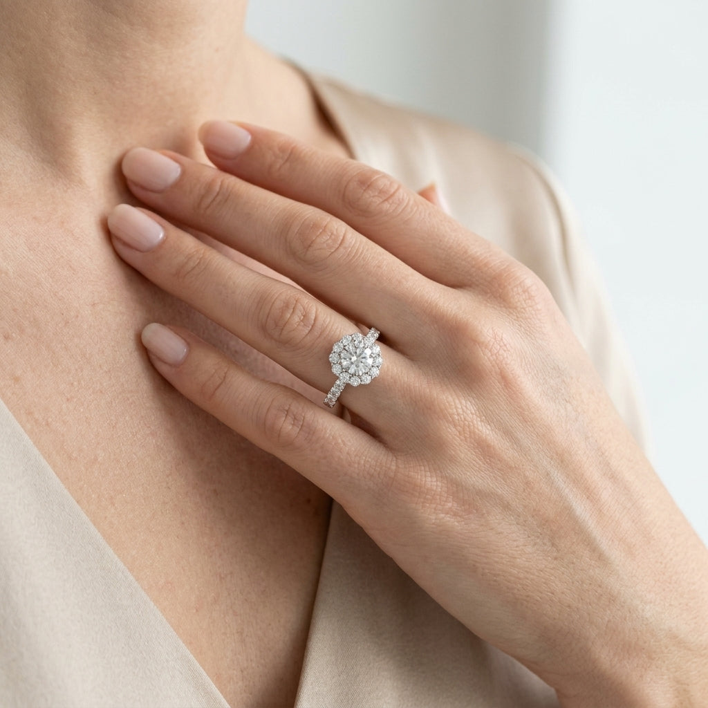 Single Row XO Cut Halo Engagement Ring - worn lifestyle photo