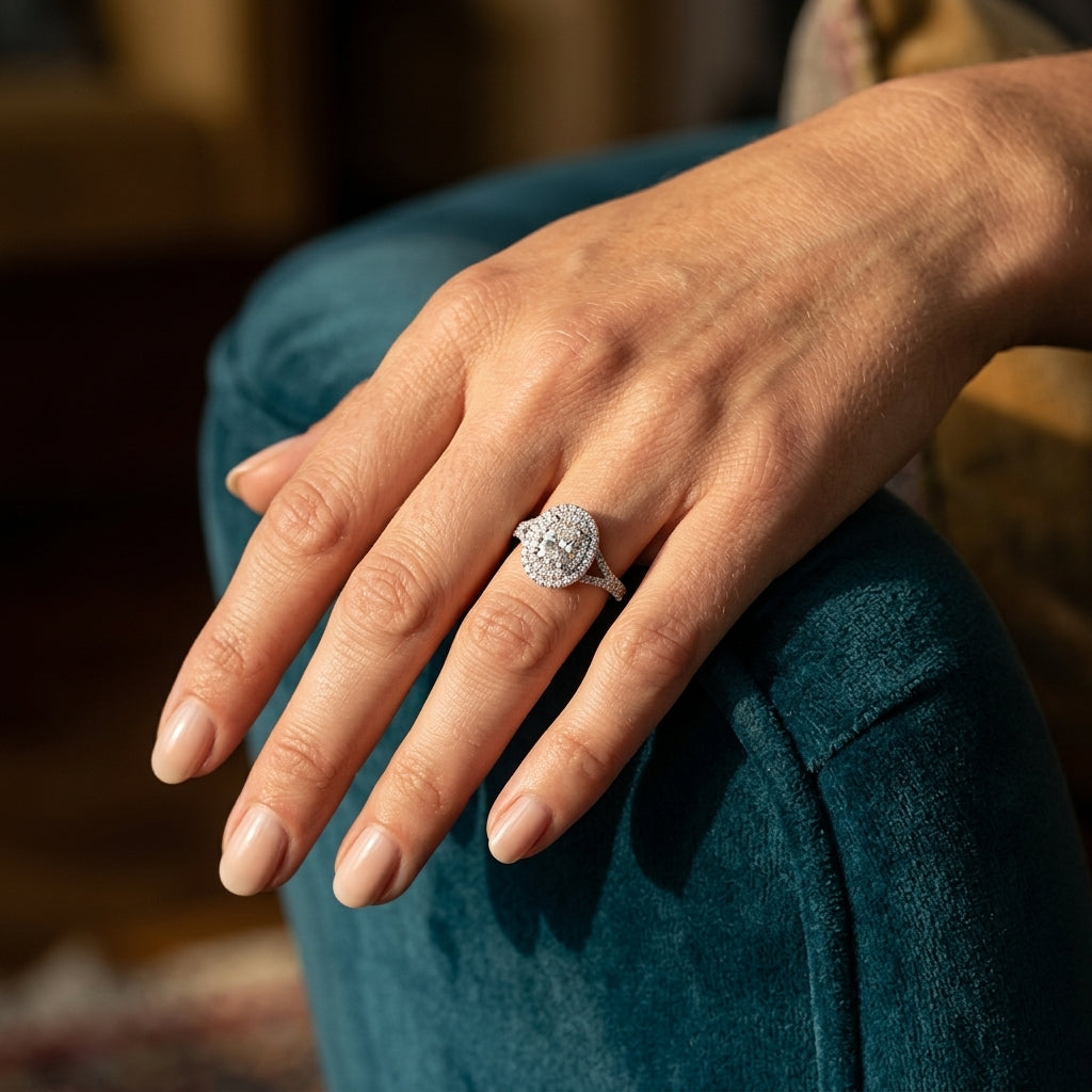 Oval Double Halo Split Shank Engagement Ring - worn lifestyle photo
