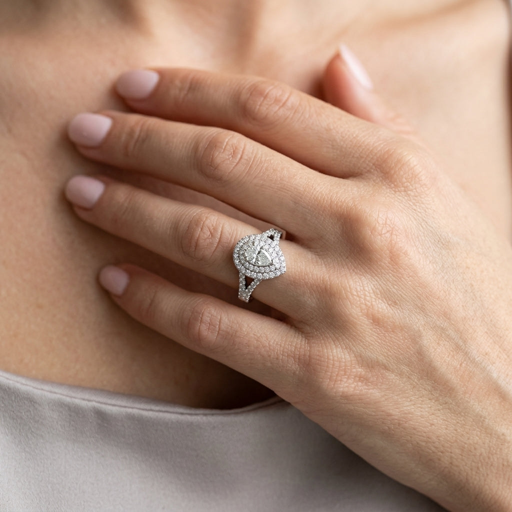 Pear Double Halo Split Shank Engagement Ring - worn lifestyle photo