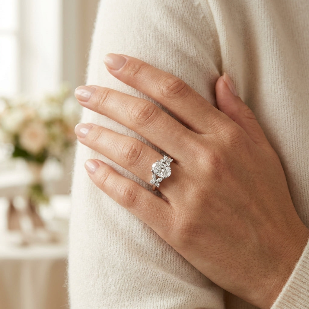 Floral Oval Engagement Ring - worn lifestyle photo