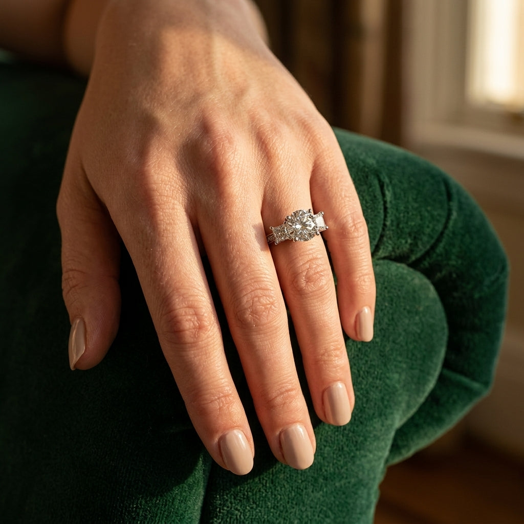 Single Row 3-Stone Round & Princess Engagement Ring - worn lifestyle photo