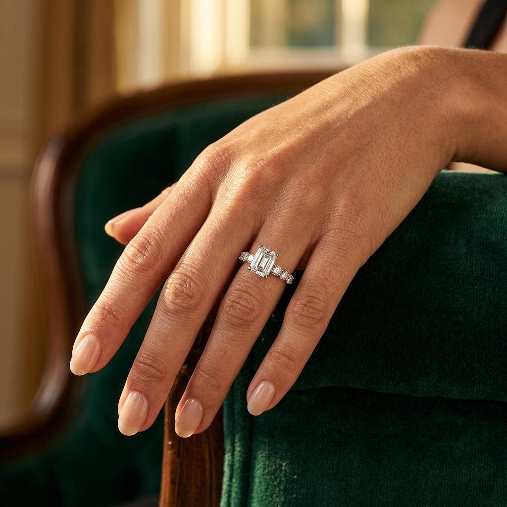 Graduating Single Row Round Engagement Ring - worn lifestyle photo