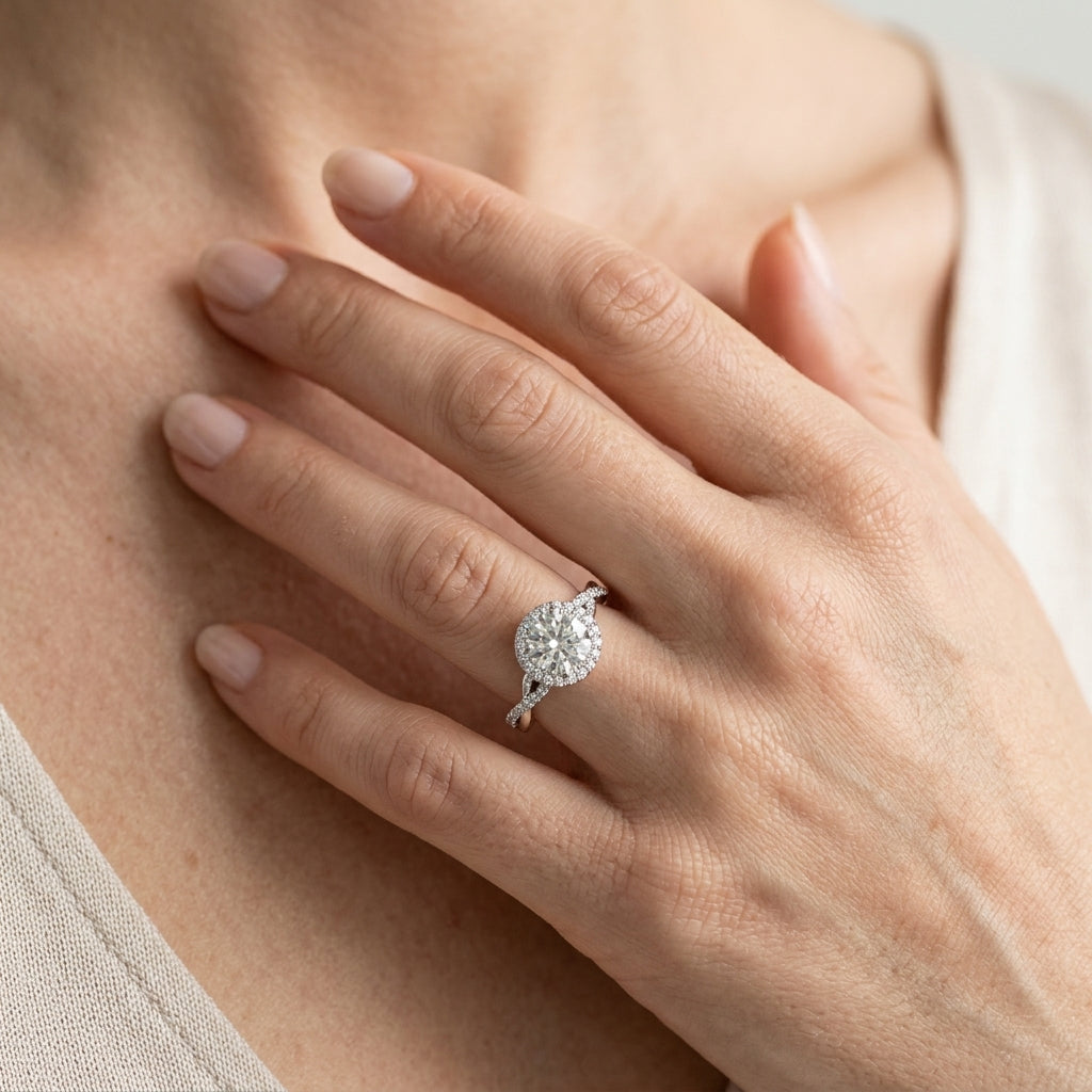 Single Row Twisted Shank Round Halo Engagement Ring - worn lifestyle photo
