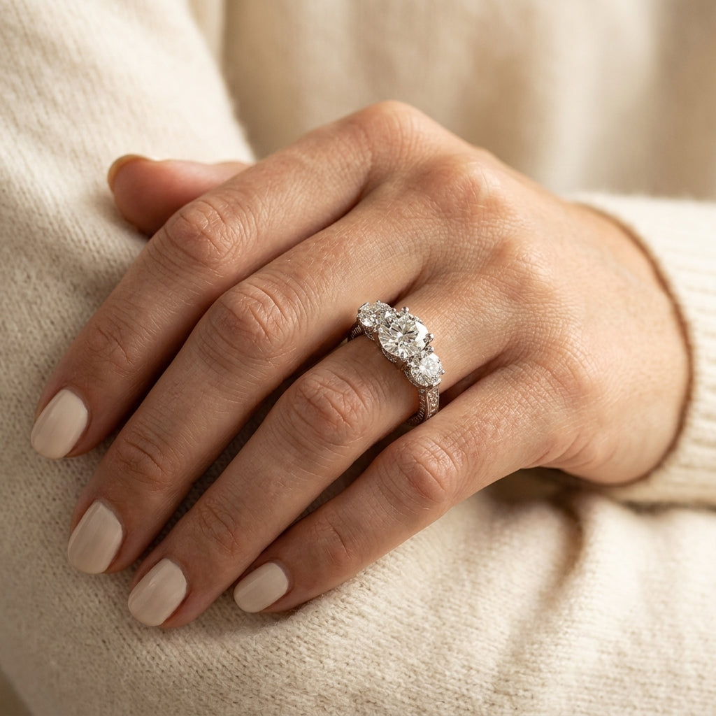 ENGAGEMENT RINGS 3 STONE ROUND - worn lifestyle photo