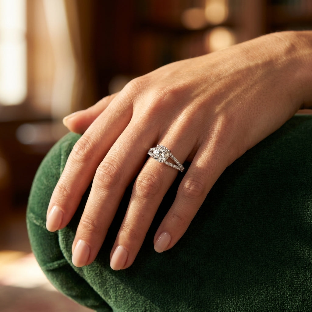 Split Shank Trellis Engagement Ring - worn lifestyle photo