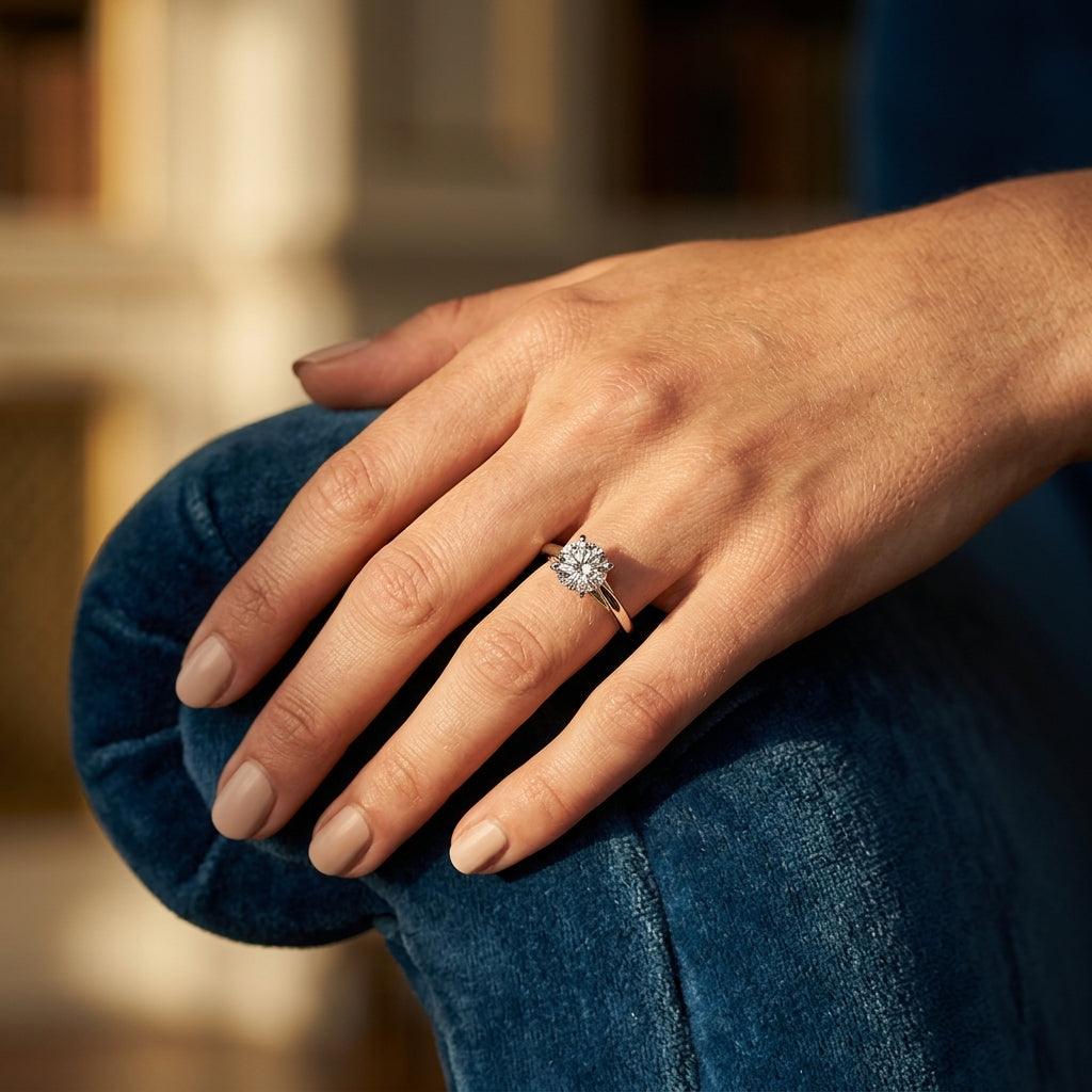 Solitaire Round Engagement Ring - worn lifestyle photo