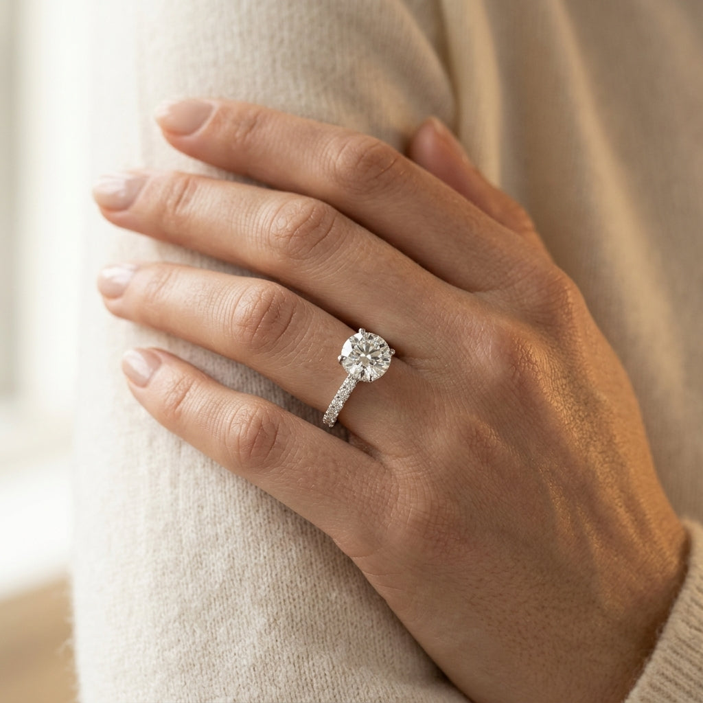 Hidden Halo Round Engagement Ring - worn lifestyle photo