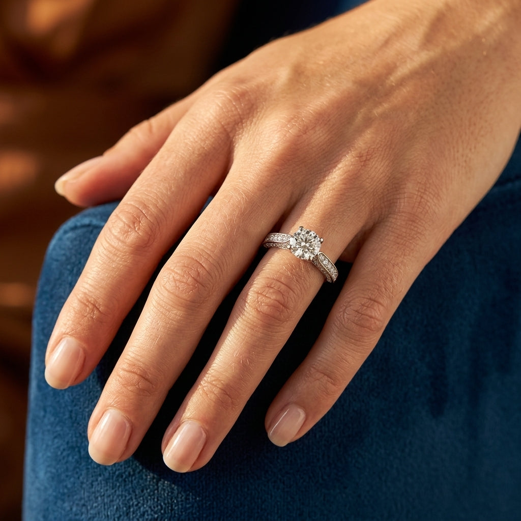 Single Row Prong Engagement Ring - worn lifestyle photo