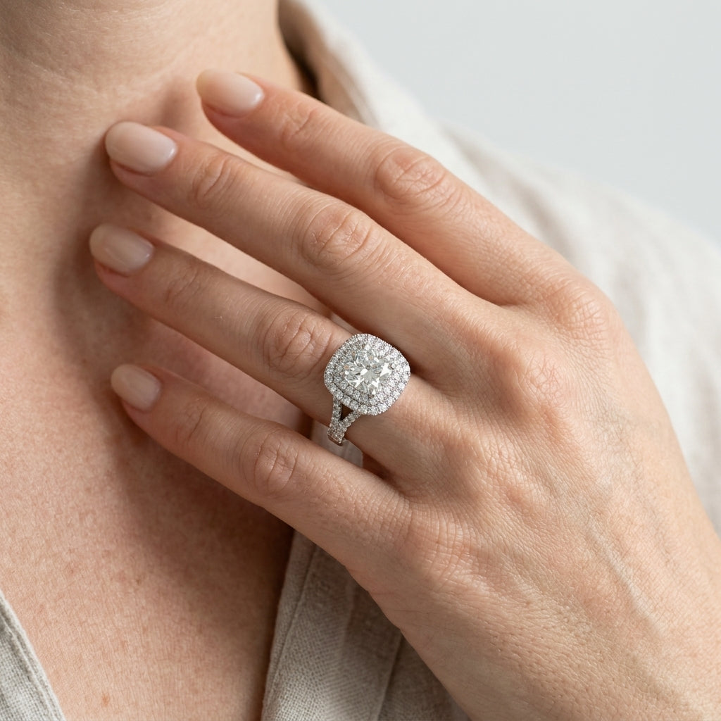 Cushion Cut Split Shank Double Halo Engagement Ring - worn lifestyle photo