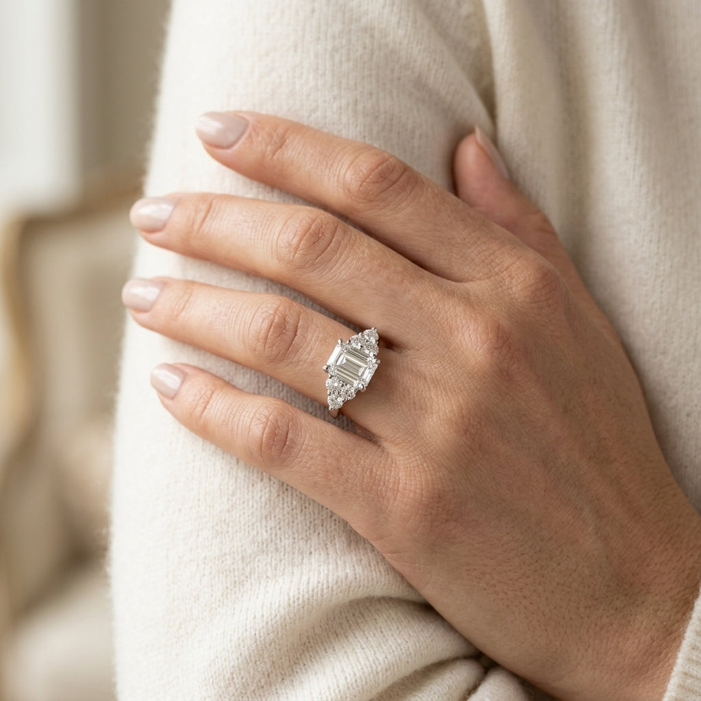 Solitaire Plus Trellis Emerald Cut Engagement Ring - worn lifestyle photo