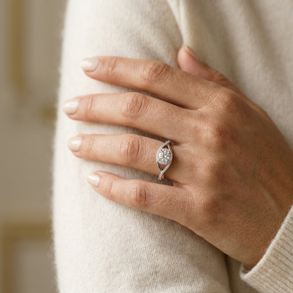 Bypass Halo Twisted Shank Engagement Ring - worn lifestyle photo