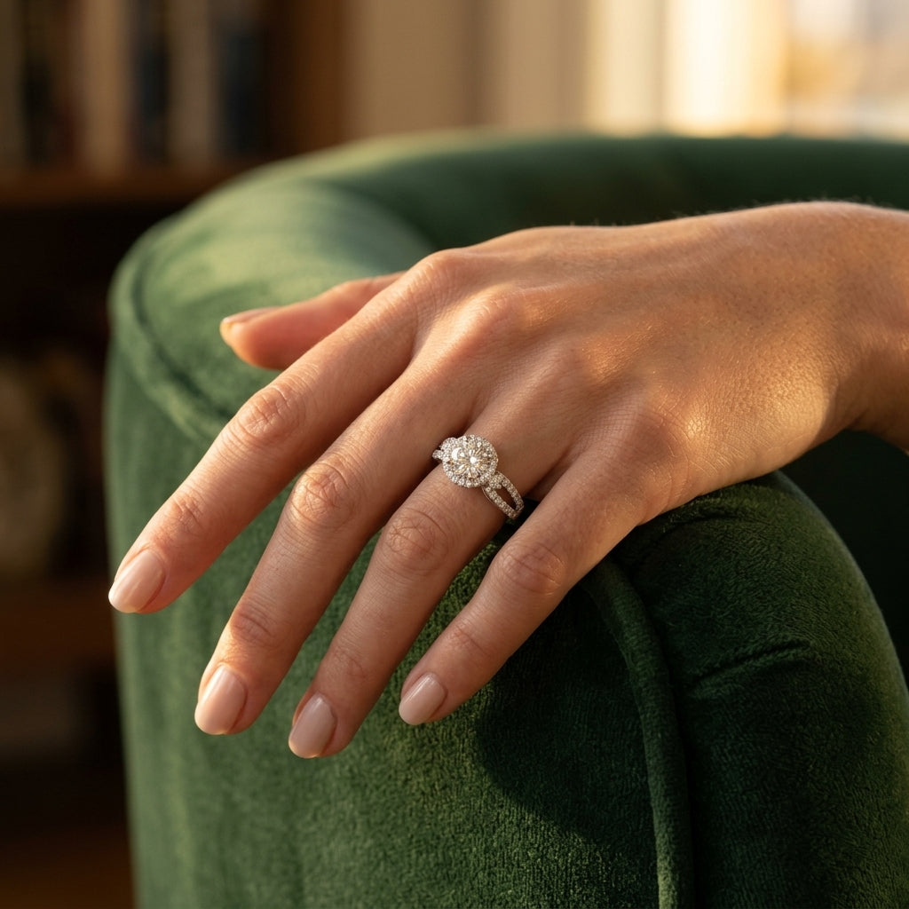 ENGAGEMENT RINGS HALO ROUND - worn lifestyle photo