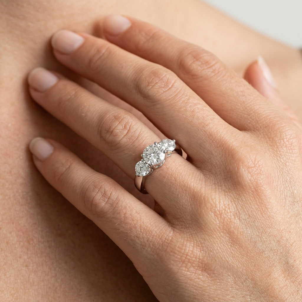 3-Stone Round Engagement Ring - worn lifestyle photo