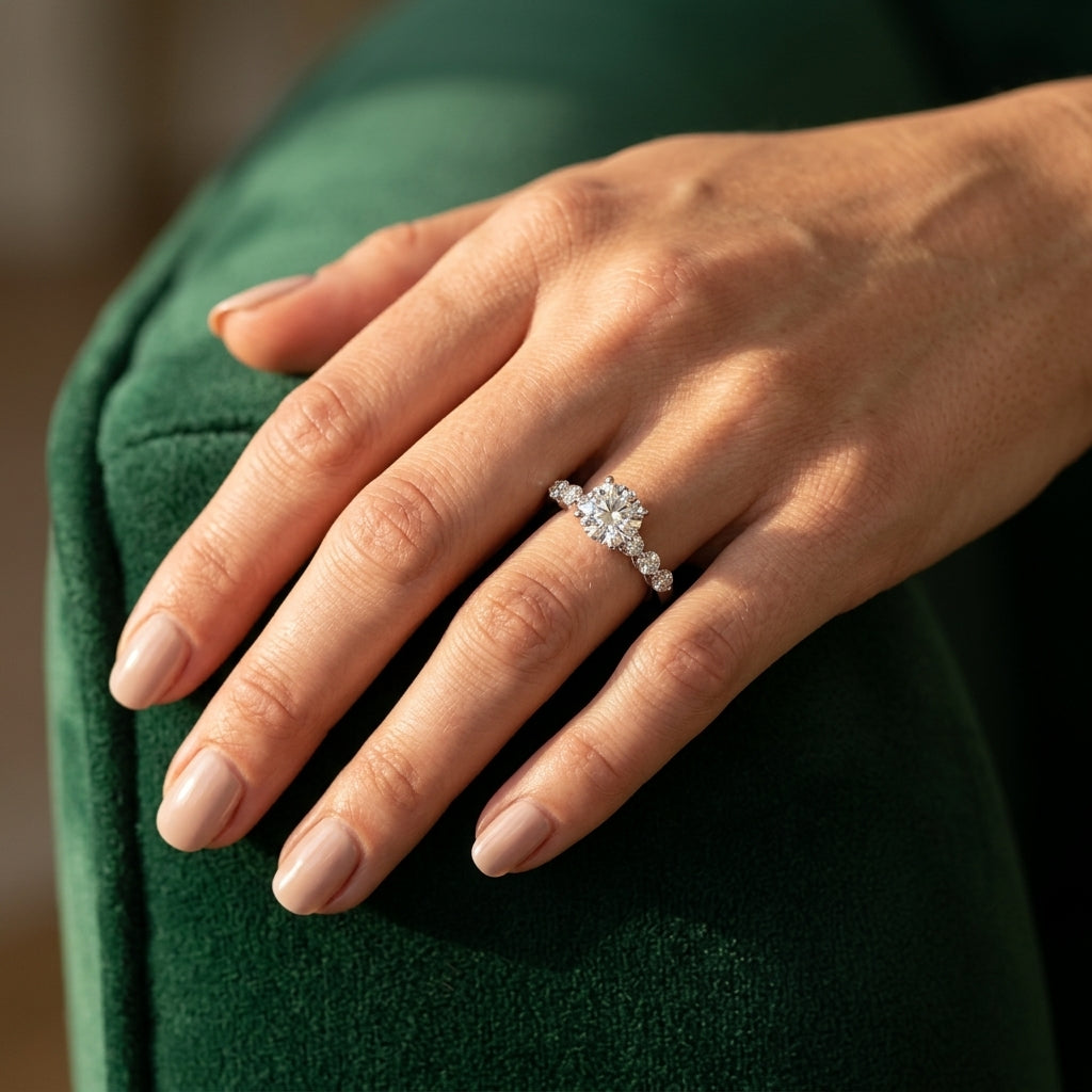 Single Row Shared Prong Engagement Rings - worn lifestyle photo
