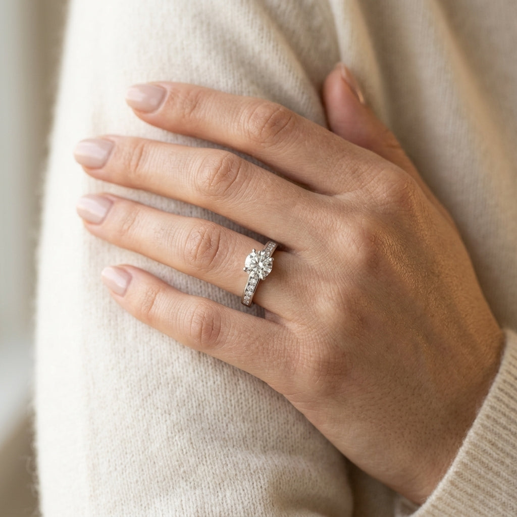 Single Row Channel Set Engagement Ring - worn lifestyle photo