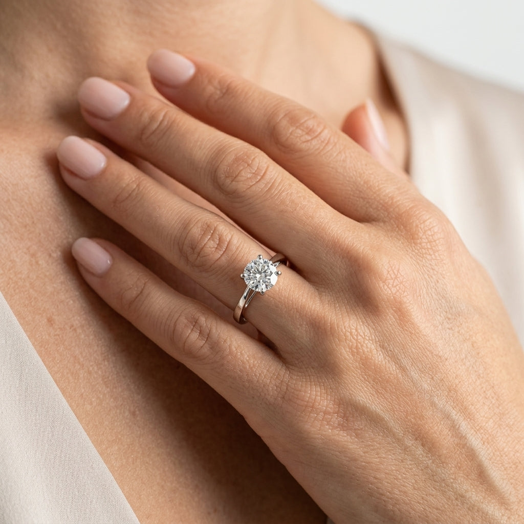 Solitaire Round Engagement Ring - worn lifestyle photo